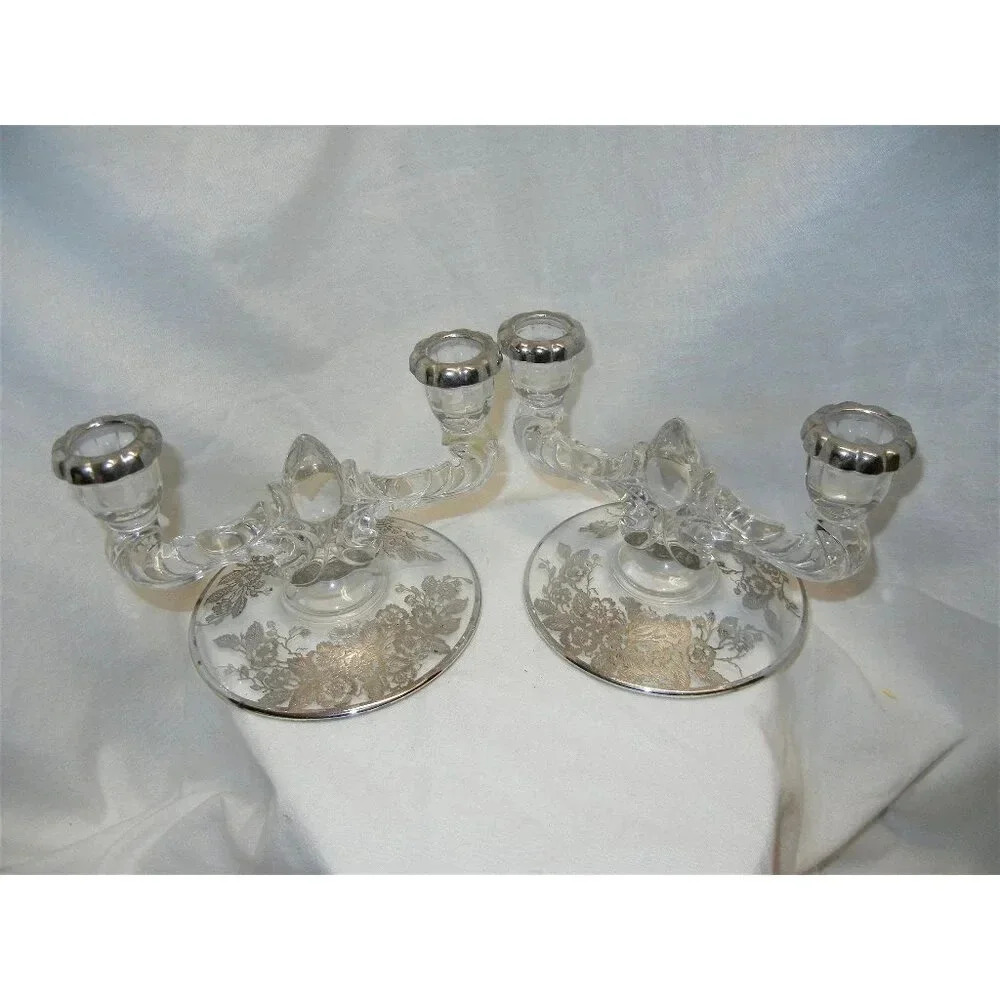 Crystal Candlestick Holder silver City‎ Mid Century, Sterling Silver overlay